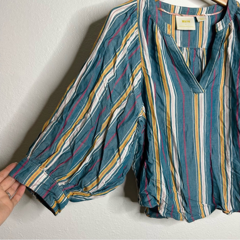 Anthropologie Maeve Teal Striped Oversized Balloon Sleeve Blouse Size Small - Picture 5 of 10